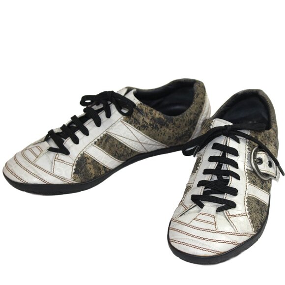 Christian Dior Taupe White Croc Distressed Canvas Lace-Up Low Profile Sneaker - Picture 6 of 11
